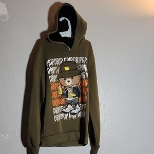 S1OPE Graffiti Bear Drip Olive Hoodie Fleece Hood Sweater 12/14